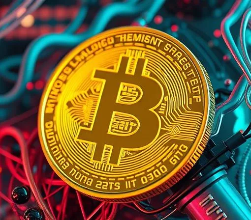 Gouden Bitcoin-munt omgeven door bedrading en neonverlichting in rood en blauw, symboliseert cryptocurrency-mining en blockchaintechnologie