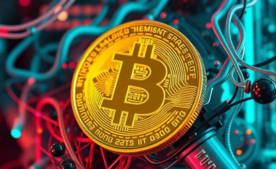 Gouden Bitcoin-munt omgeven door bedrading en neonverlichting in rood en blauw, symboliseert cryptocurrency-mining en blockchaintechnologie
