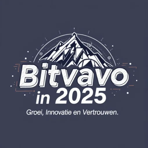 Stijlvolle bergillustratie met de tekst ‘Bitvavo in 2025’ en de slogan ‘Groei, Innovatie en Vertrouwen’ op een donkerblauwe achtergrond