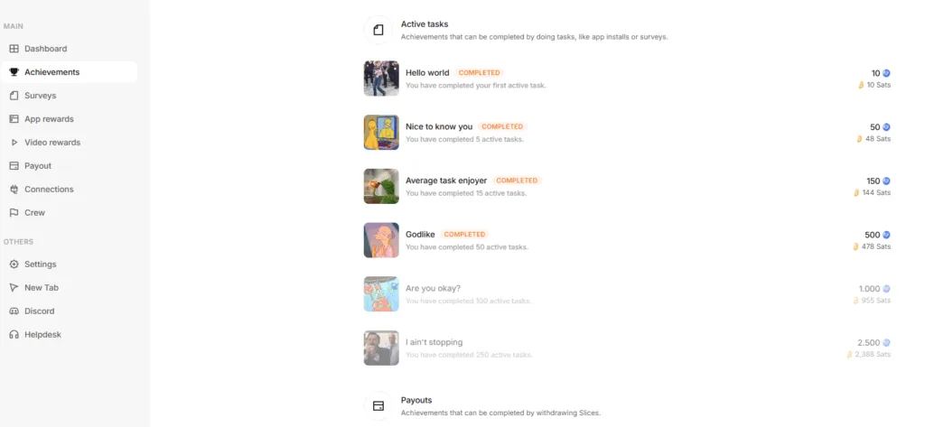 Achievements Dashboard met Active Task, en je verdienste in slice en shatoshi