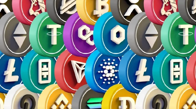 Collage van populaire cryptocurrency-altcoinlogo’s als Bitcoin, Ethereum, Tether, Litecoin, Cardano, Binance Coin, Dogecoin, Tron en meer, weergegeven als kleurrijke munten