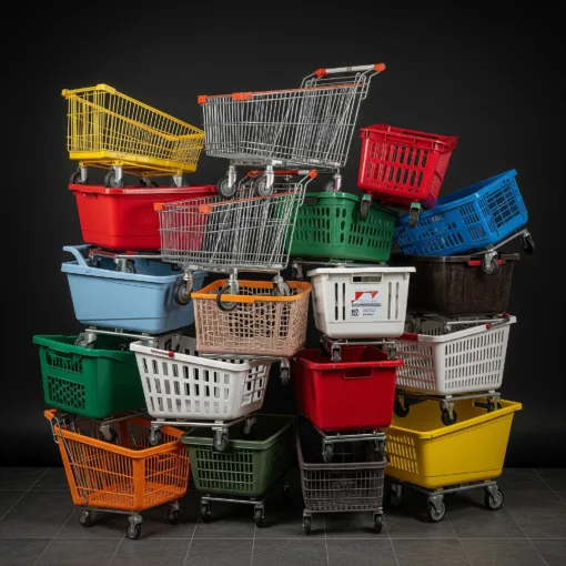 Gestapelde winkelwagens bij een supermarkt, symboliseren efficiëntie of wachttijden