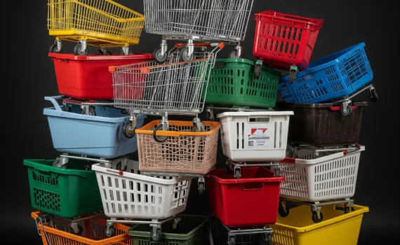 Gestapelde winkelwagens bij een supermarkt, symboliseren efficiëntie of wachttijden